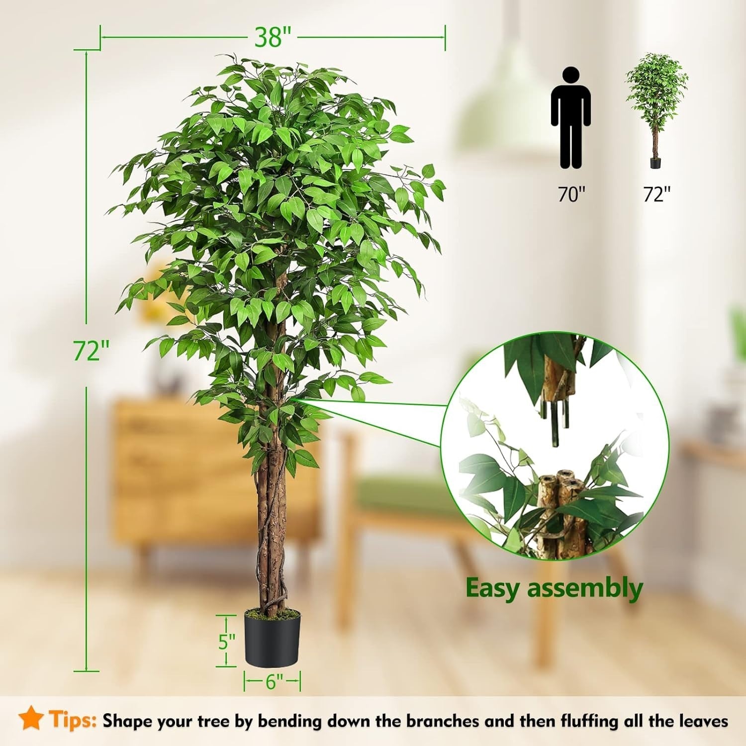 6ft Ficus Artificial Tree 180cm – Natural Curved Trunks Lifelike Indoor Decor