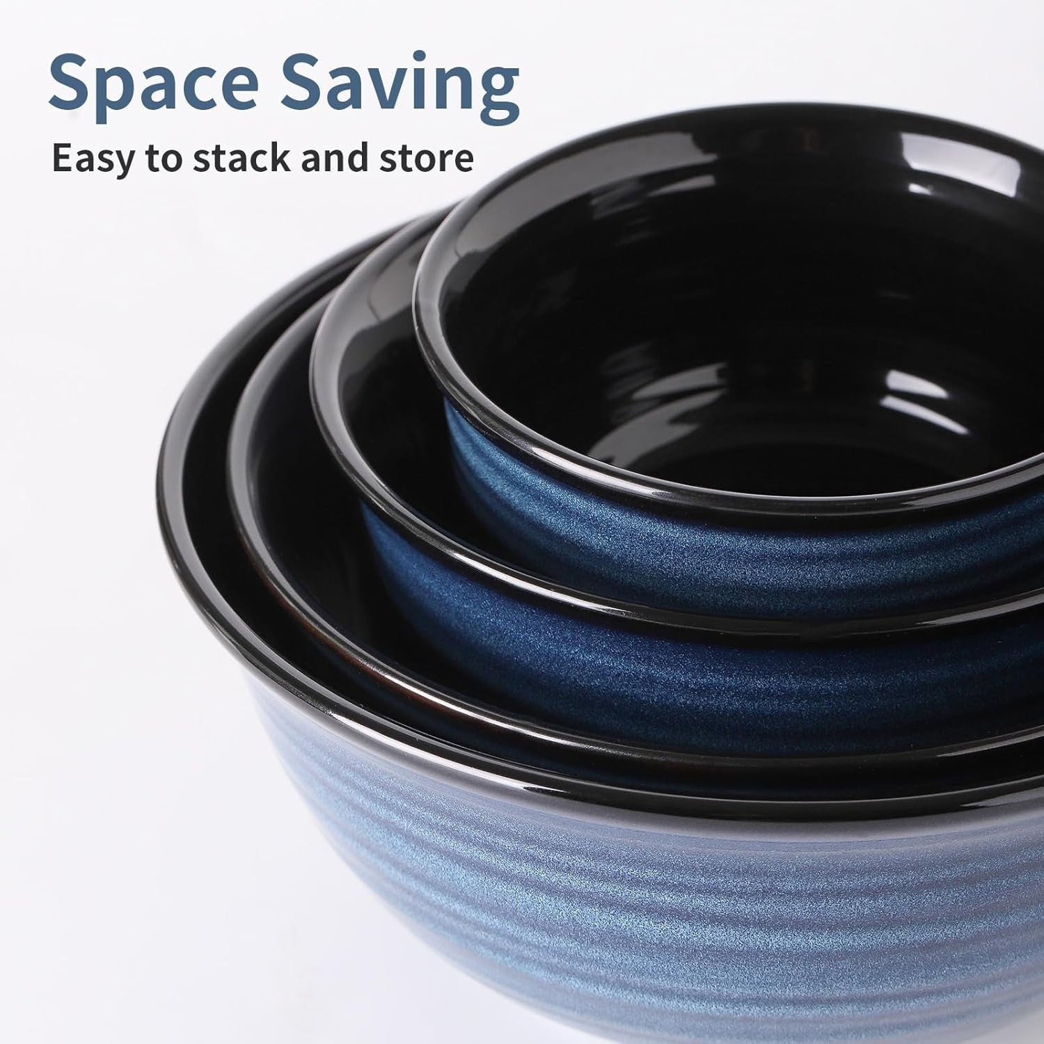 4 Pcs Blue Ceramic Mixing Bowls Microwave Oven Safe Nesting Set