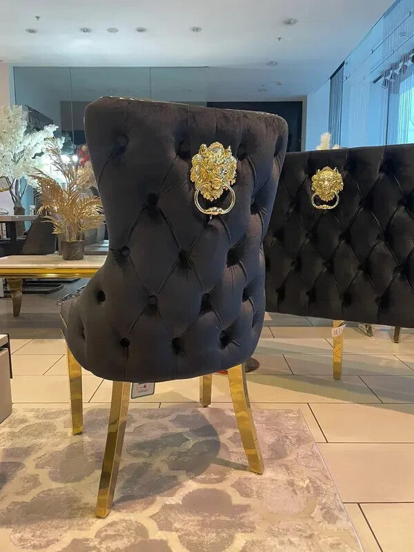 Black Velvet Dining Bench Gold Legs Lion Knocker Tufted Backrest Seat