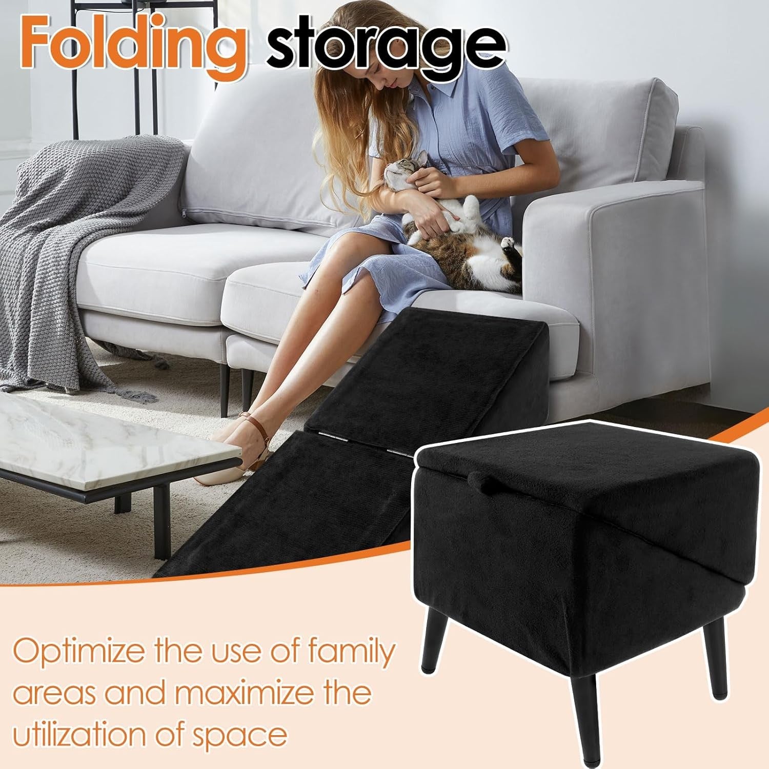 2‑in‑1 Foldable Dog Ramp & Ottoman Pet Steps – Non‑Slip Lightweight Ramp