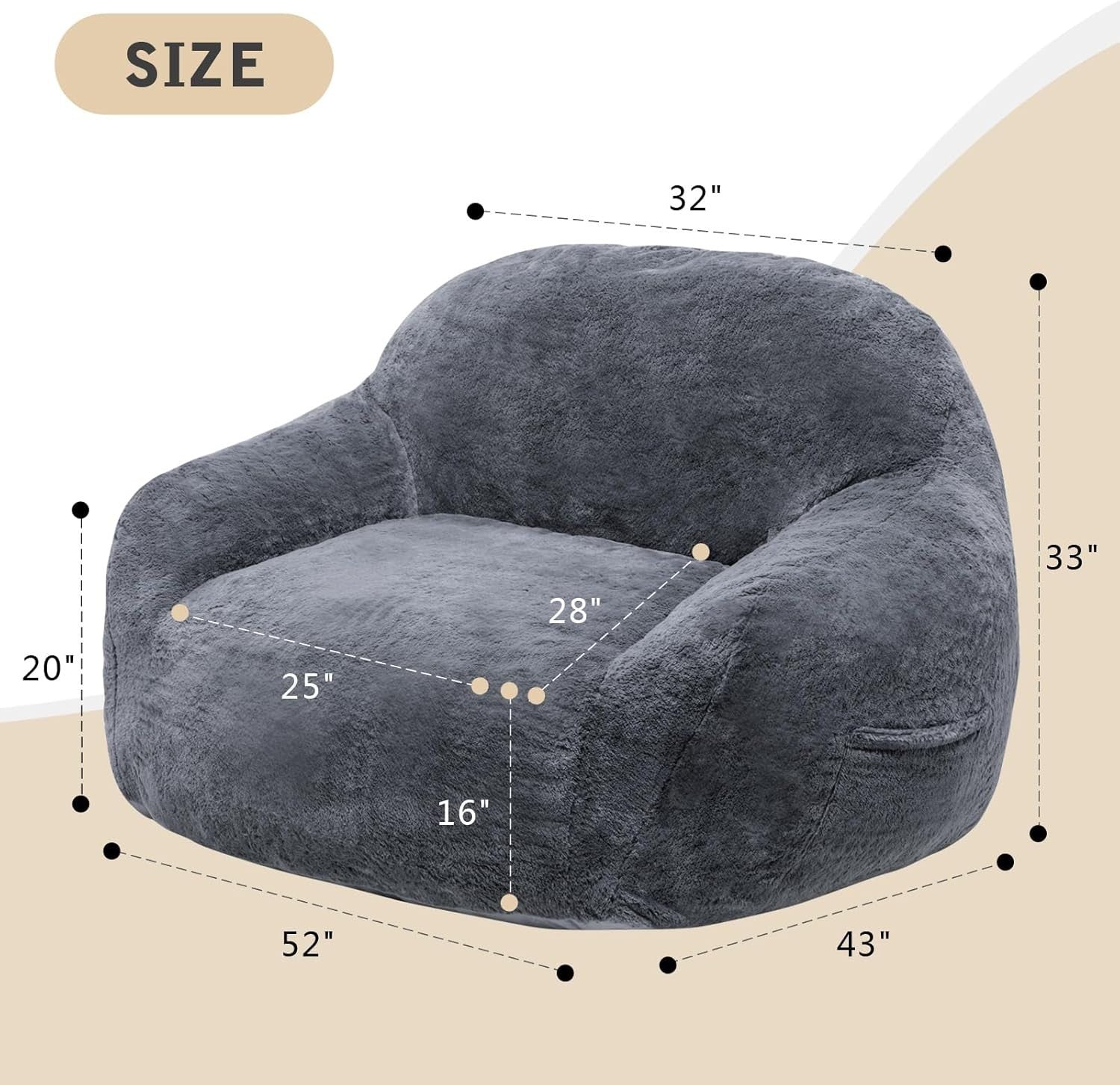 Oversized Grey Bean Bag Chair with Armrests, Removable Cover & Filler