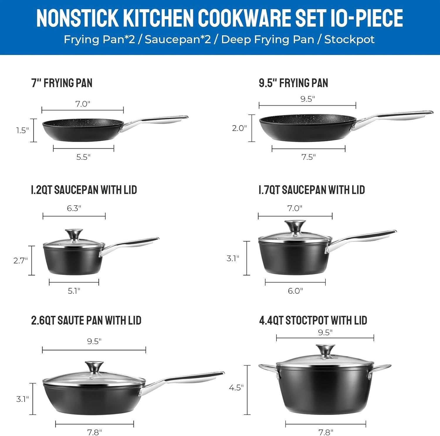 10Pcs Black Non Stick Induction Cookware Set with Frying Pans & Glass Lids