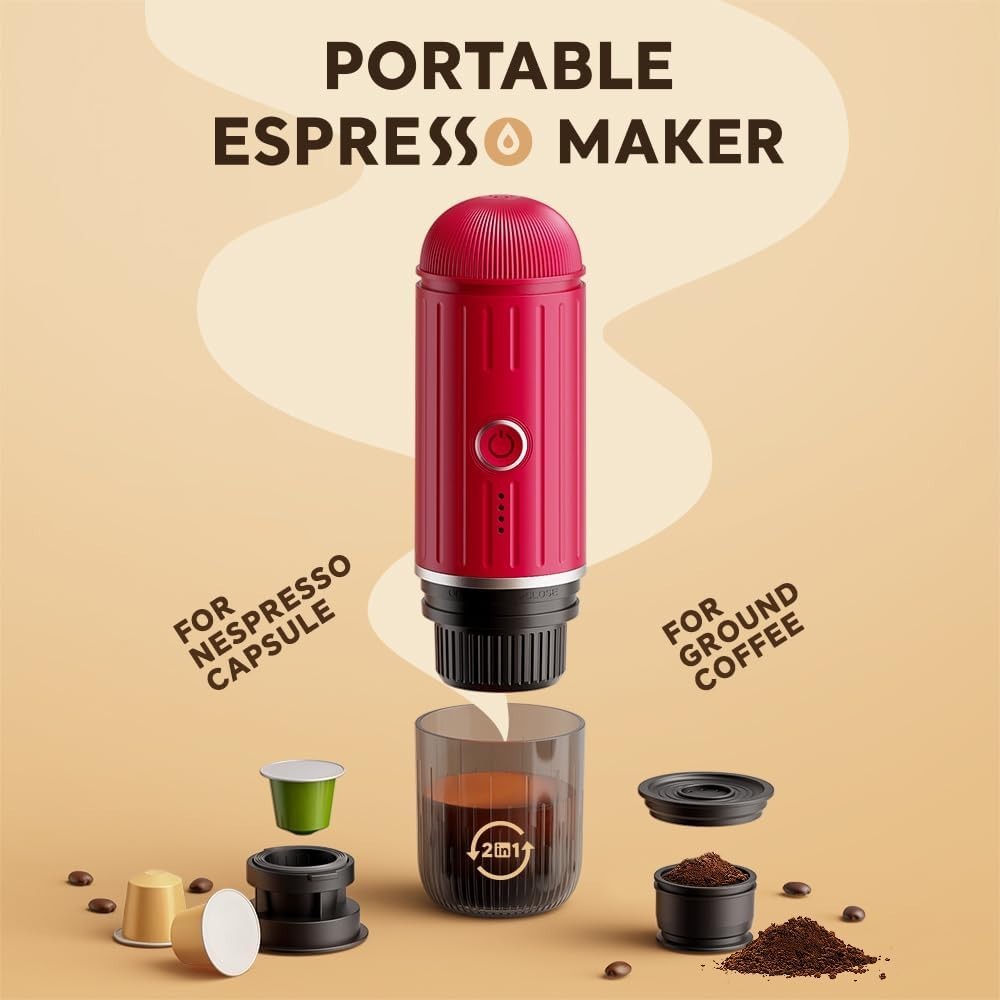 Portable Espresso Maker 19Bar Self-Heating USB-C Travel Coffee Machine Red
