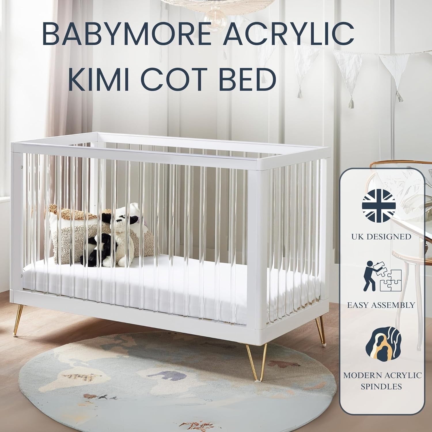 Acrylic Baby Cot Bed Convertible Toddler Bed Adjustable Height Modern Design