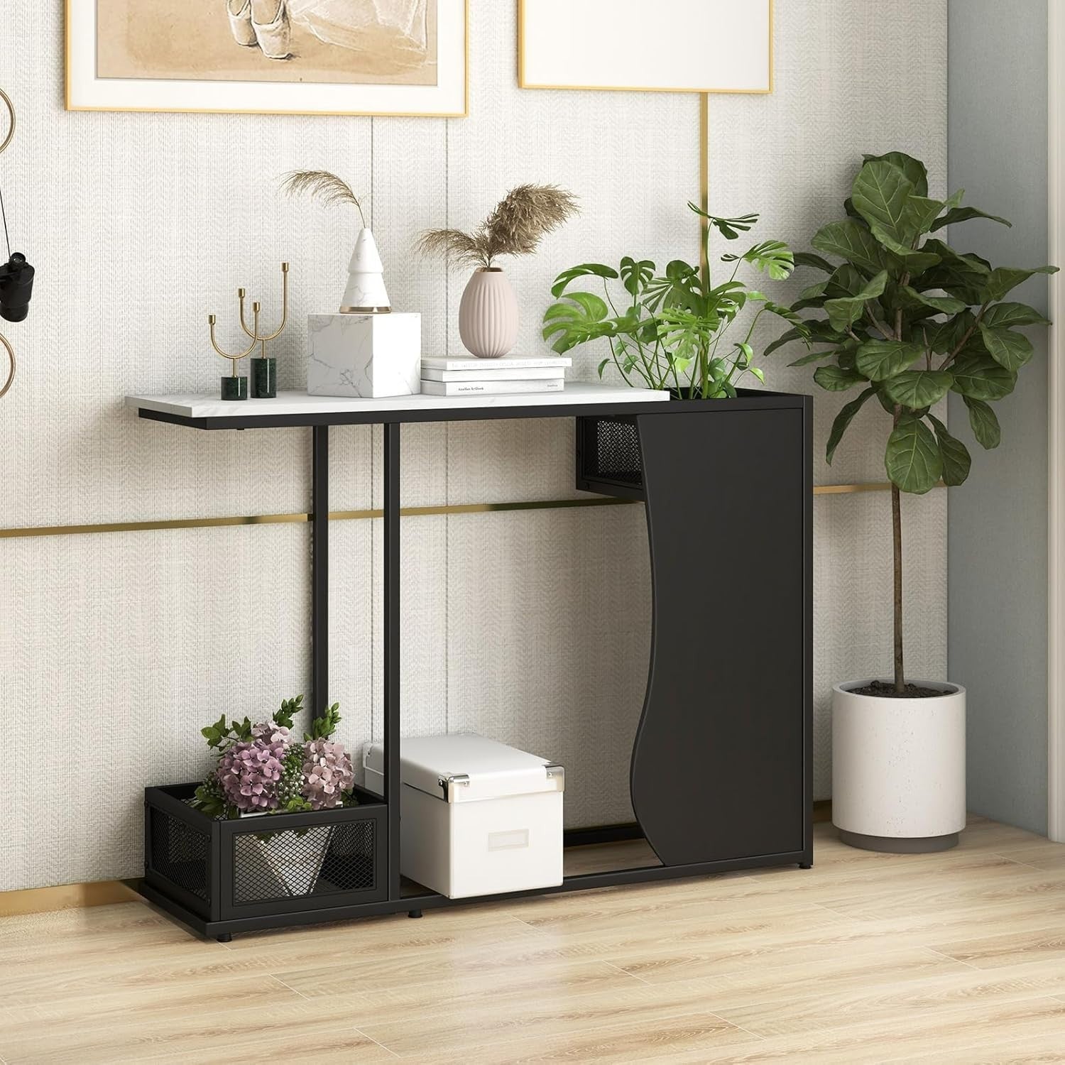 Modern Faux Marble Console Table with Storage Mesh Cubes, Slim Design