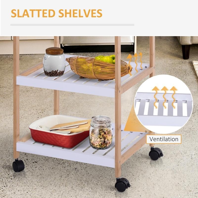 3-Tier Rolling Kitchen Trolley with Tray & Shelves – White Wood Storage