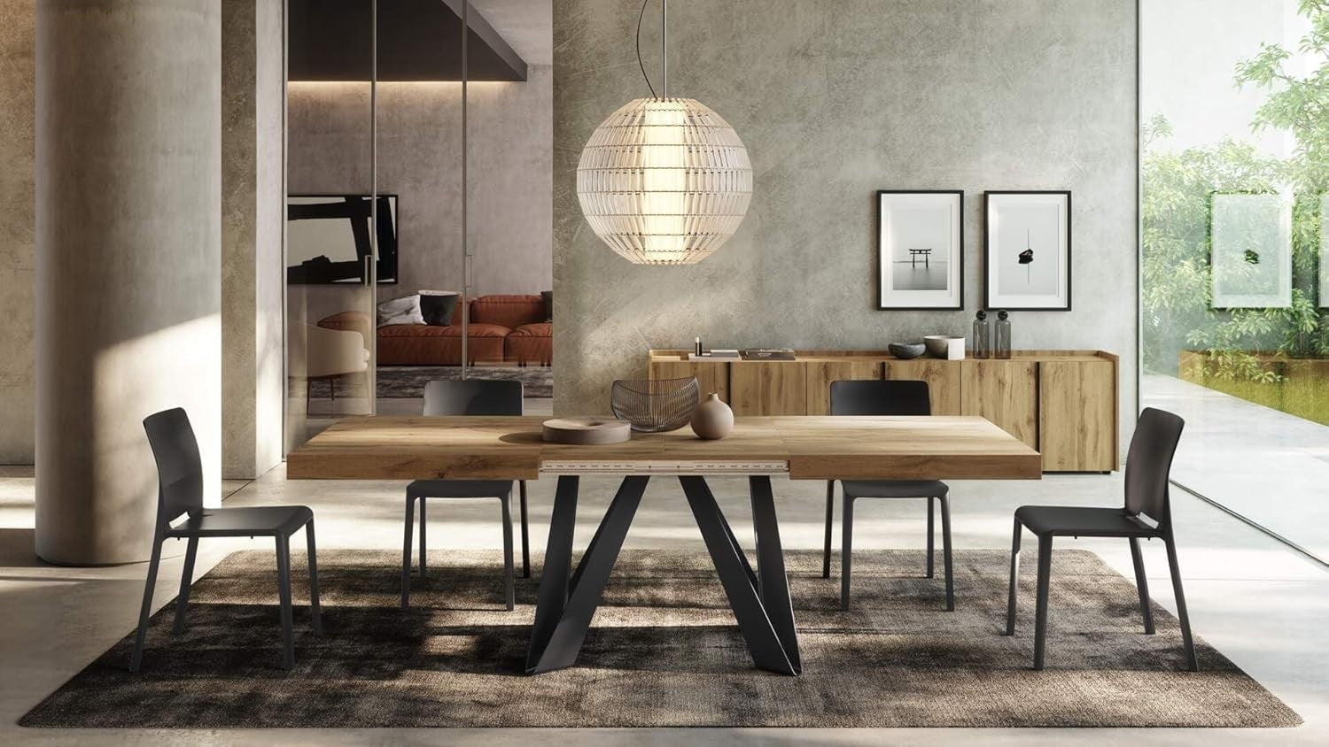 Extendable Oak Dining Table Rustic Finish with Black Metal Legs 220cm Max