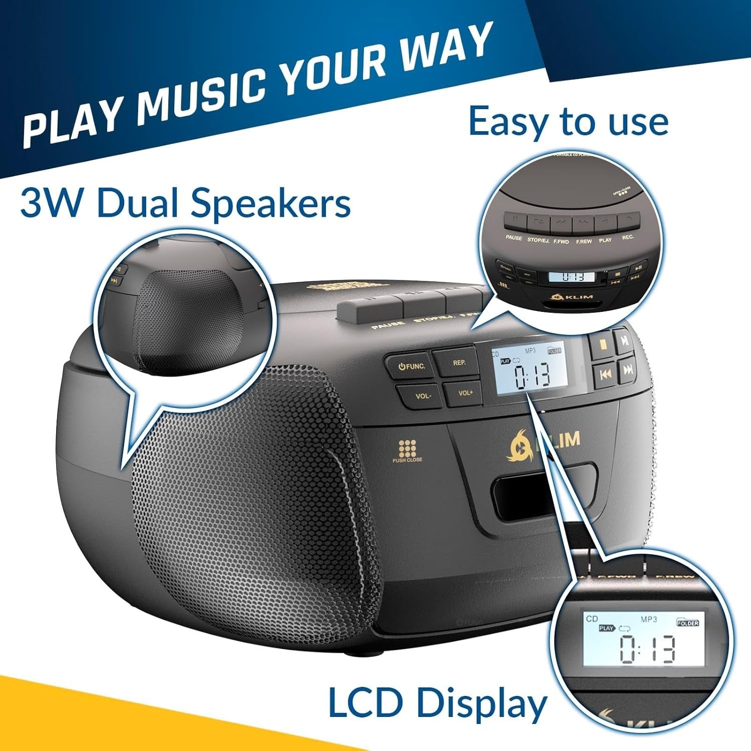CD Cassette Player Boombox Bluetooth AM FM Radio USB AUX Black Gold