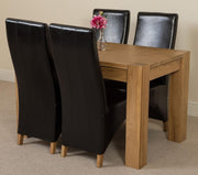Solid Oak Dining Table Set 4 Black Leather Chairs – 125x80cm Compact