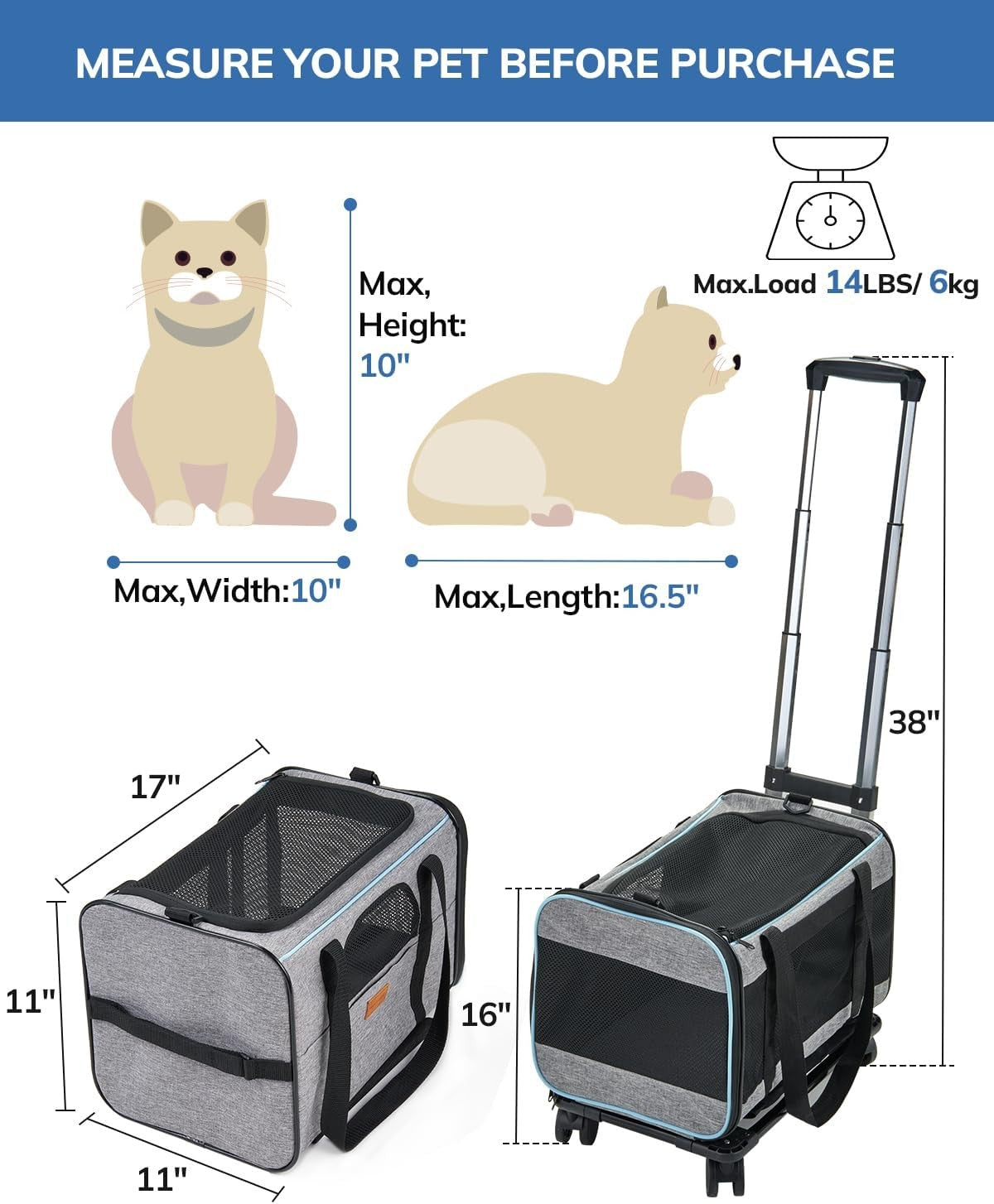 Pet Carrier with Wheels Airline Approved Rolling Travel Bag for Cats Dogs
