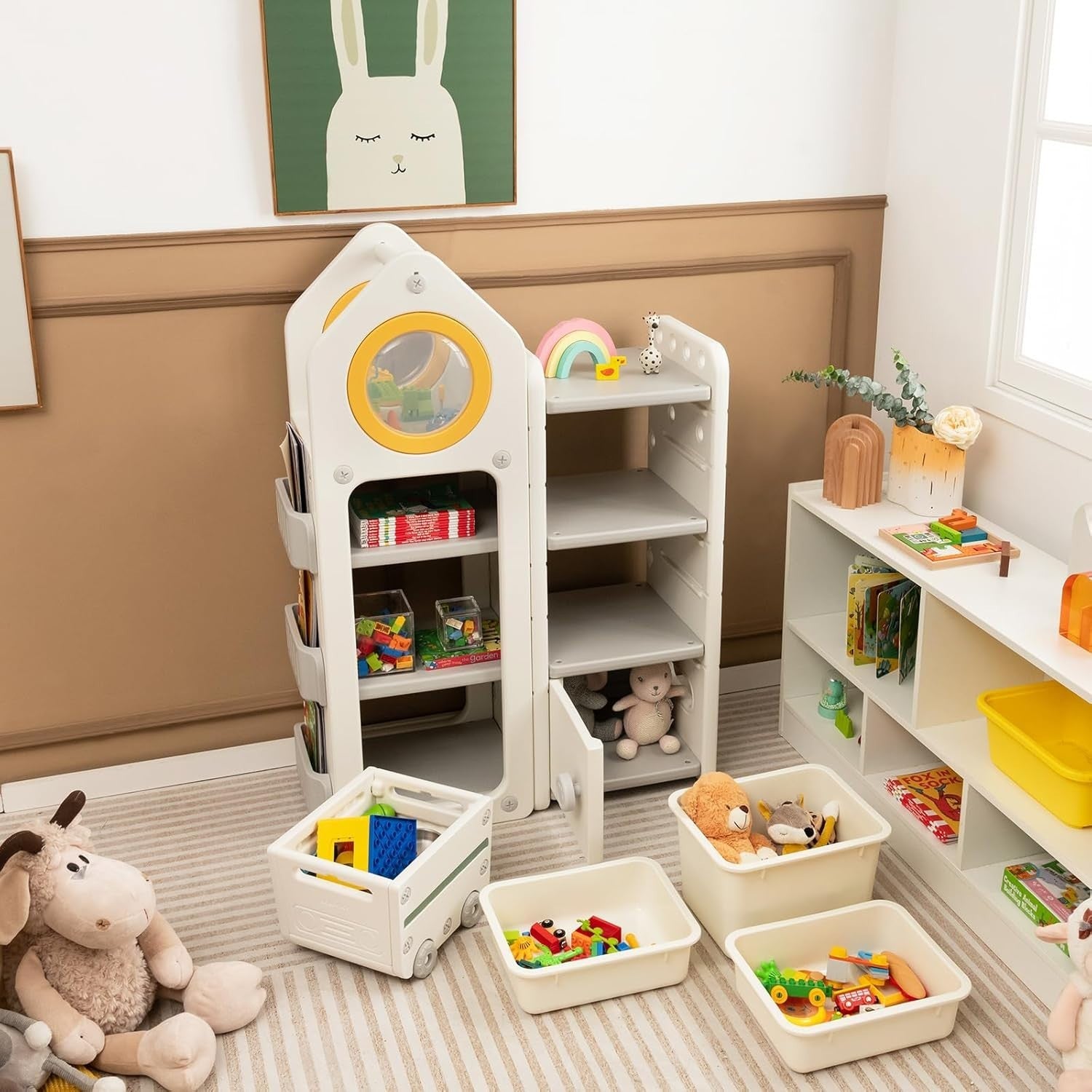 Kids Toy Storage Unit with Bins Drawers Cabinet & Bookshelves House Shape