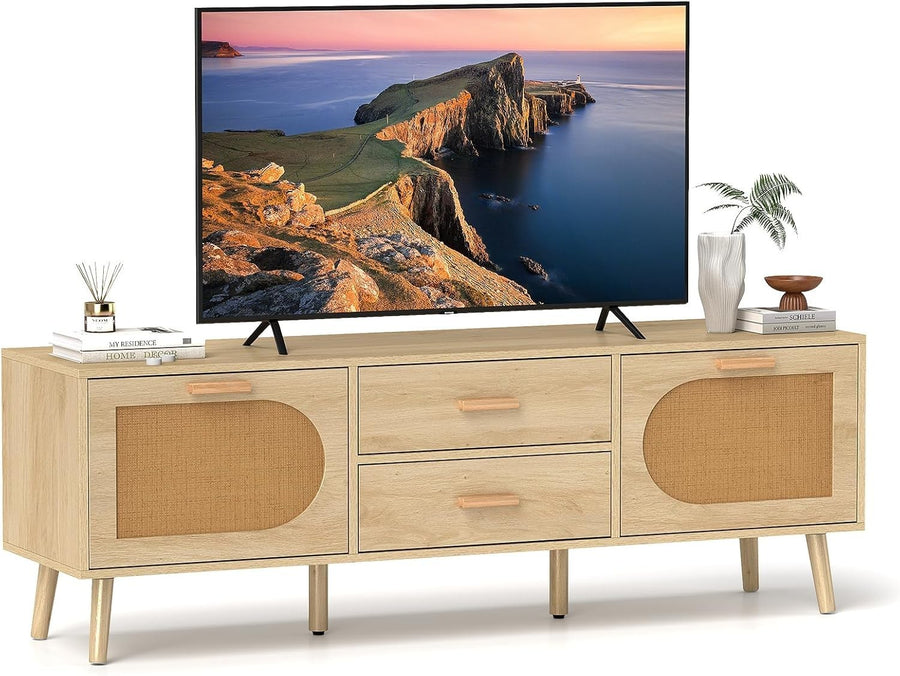 Modern TV Stand 65" with Storage Drawers Rattan Doors 150cm Media Console