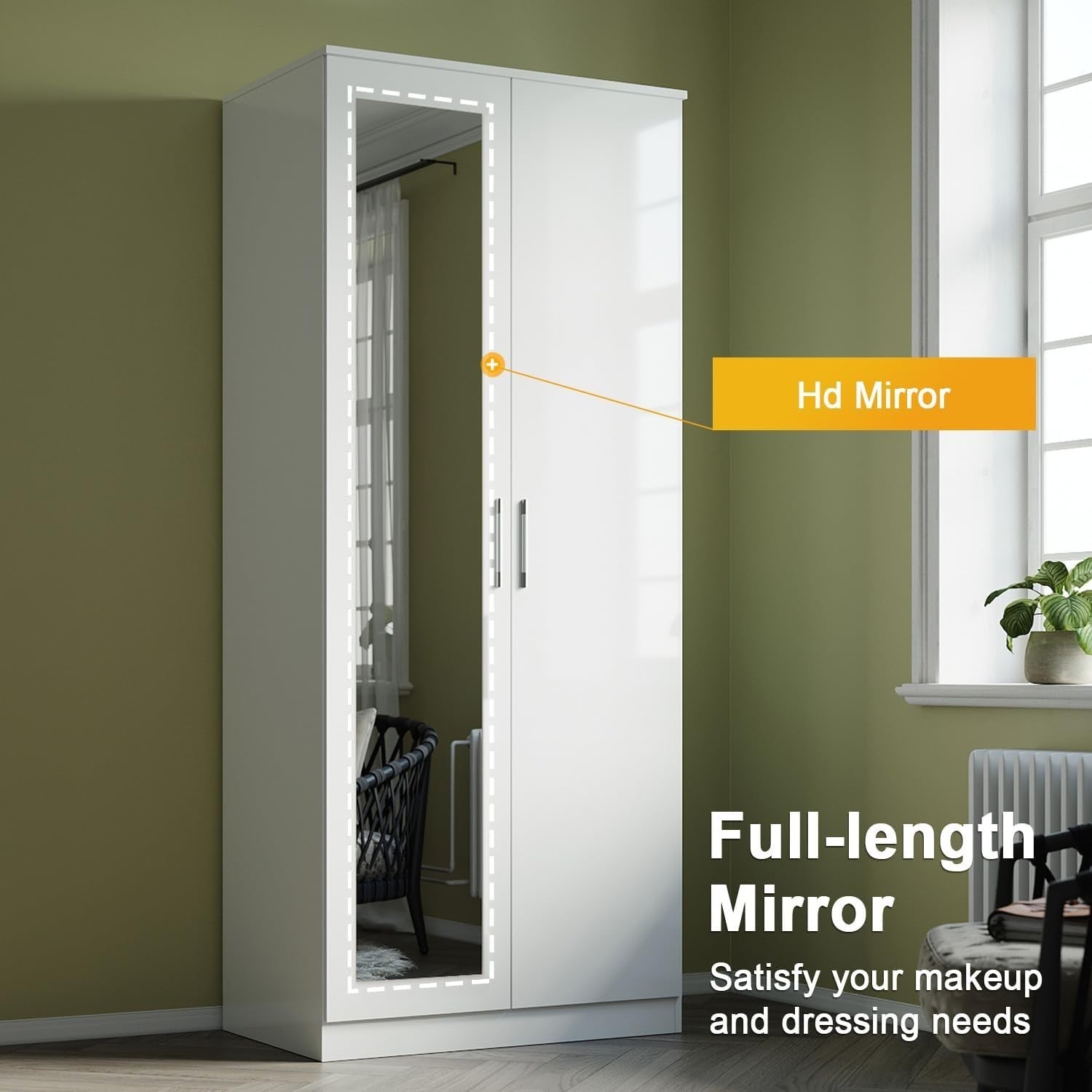 White Gloss 2 Door Wardrobe with Mirror Soft Close Shelves Modern