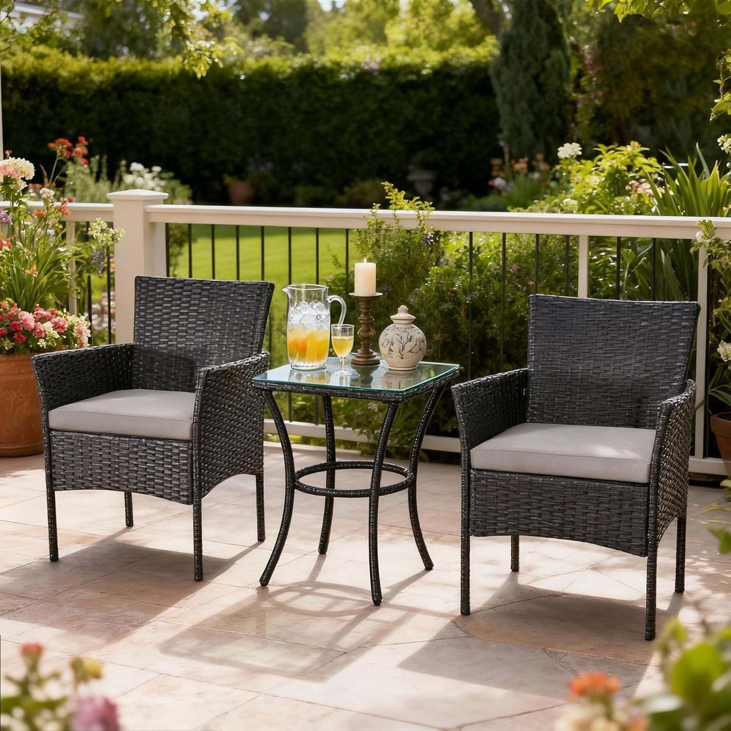 3pc Rattan Bistro Set Balcony Garden Chairs Glass Table Patio Outdoor Seating