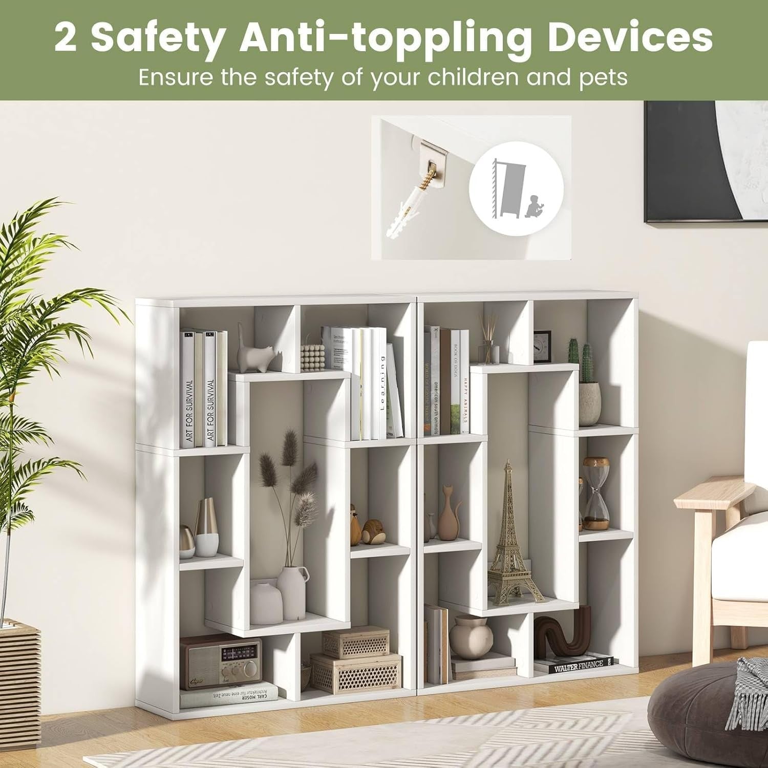 7-Cube White Geometric Bookcase Modern Room Divider Storage Display Shelf