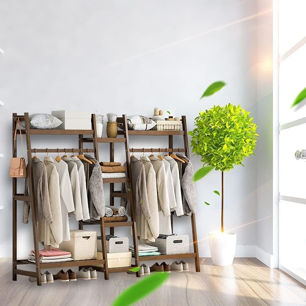 Bamboo Clothes Rail Double Hanging Rack with 8 Shelves 150cm