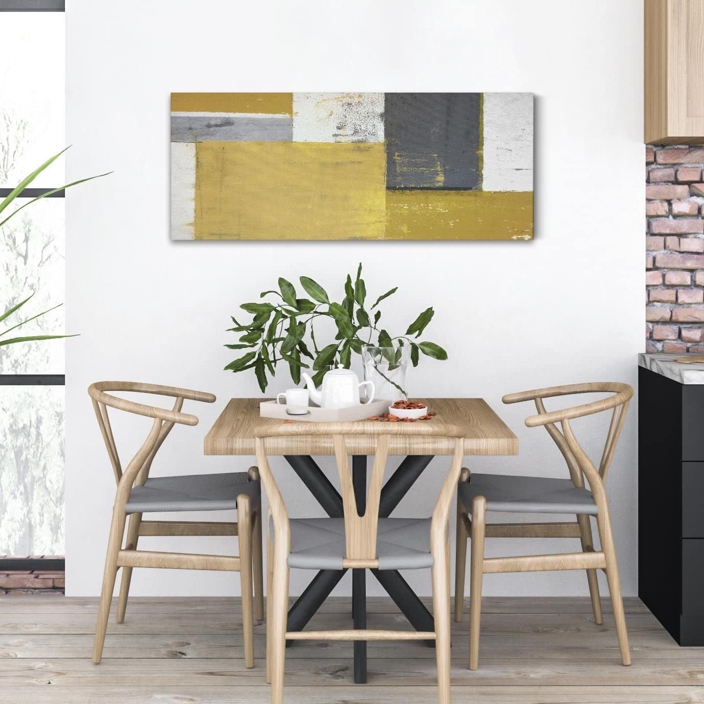 Mustard Yellow Grey Abstract Canvas Wall Art 97x40cm