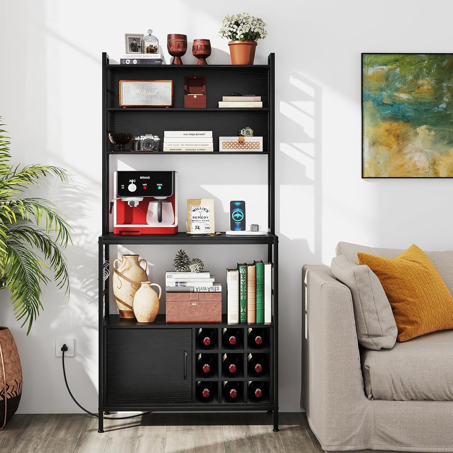Kitchen Baker’s Rack Wine Bar Cabinet with Power Outlets, Microwave Stand