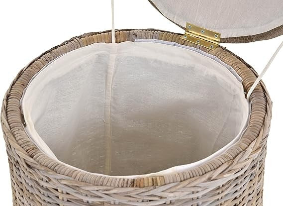 Elegant Round Rattan Laundry Basket with Padded Seat & Lid – Grey Storage Chest