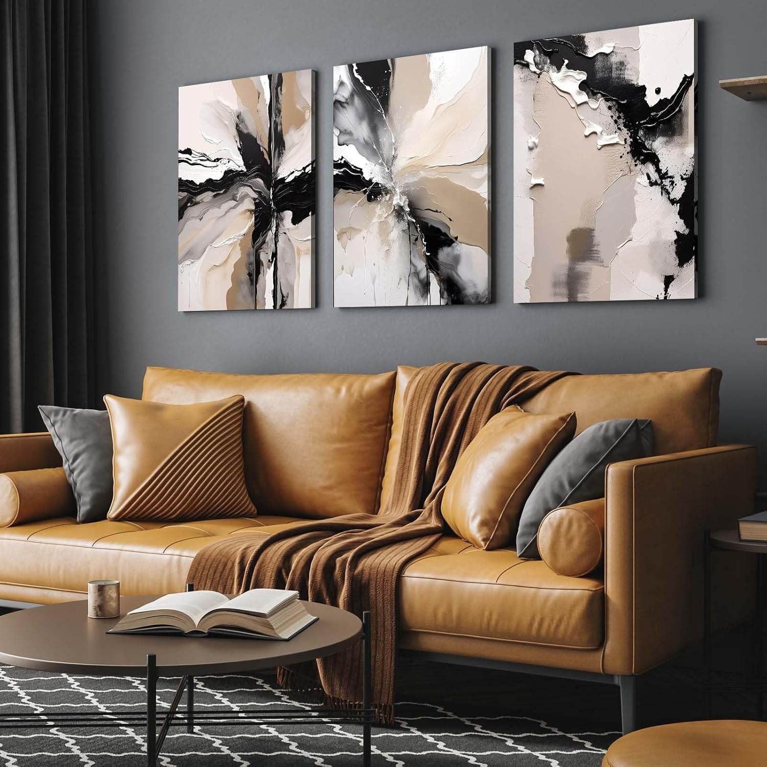 Beige Abstract Canvas Wall Art Set of 3 12x16 Framed Modern