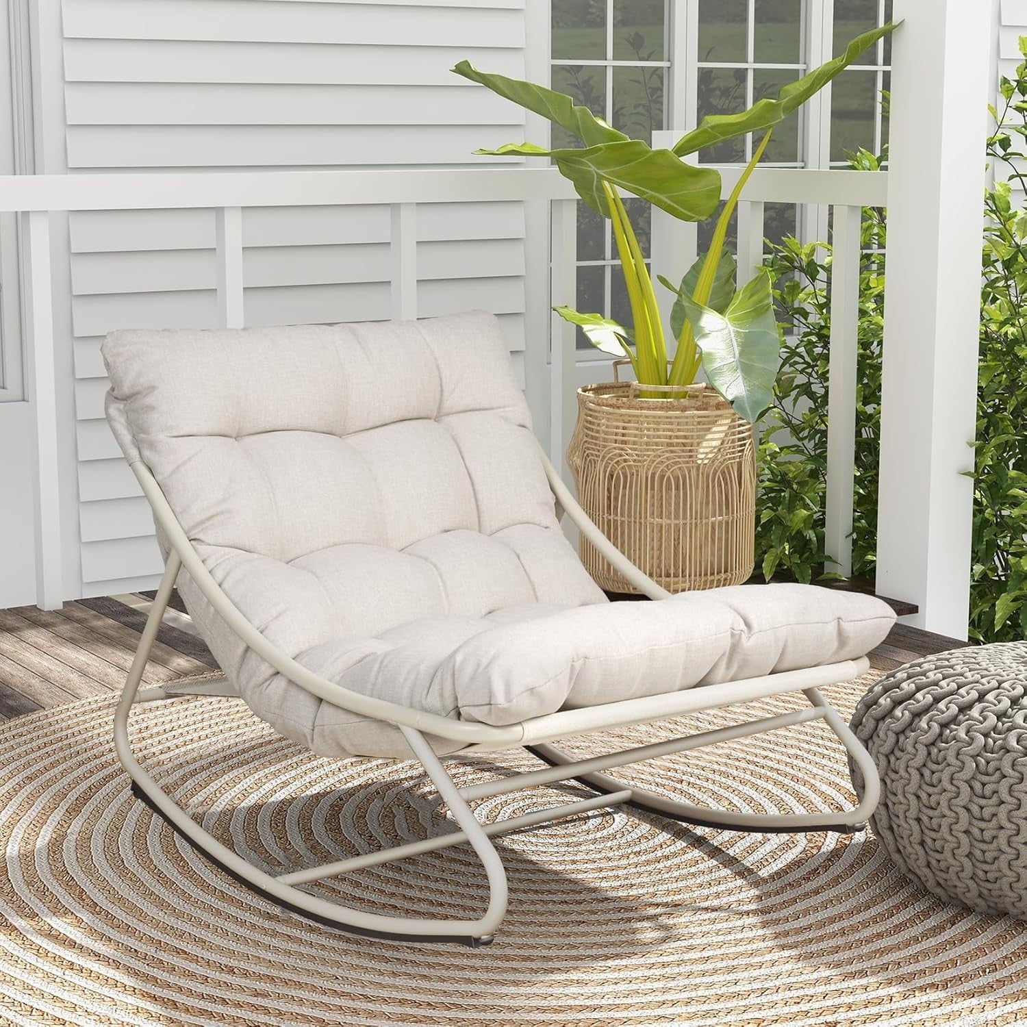 Outdoor Rocking Chair with Cushion Adjustable Rattan Patio Lounger Seat