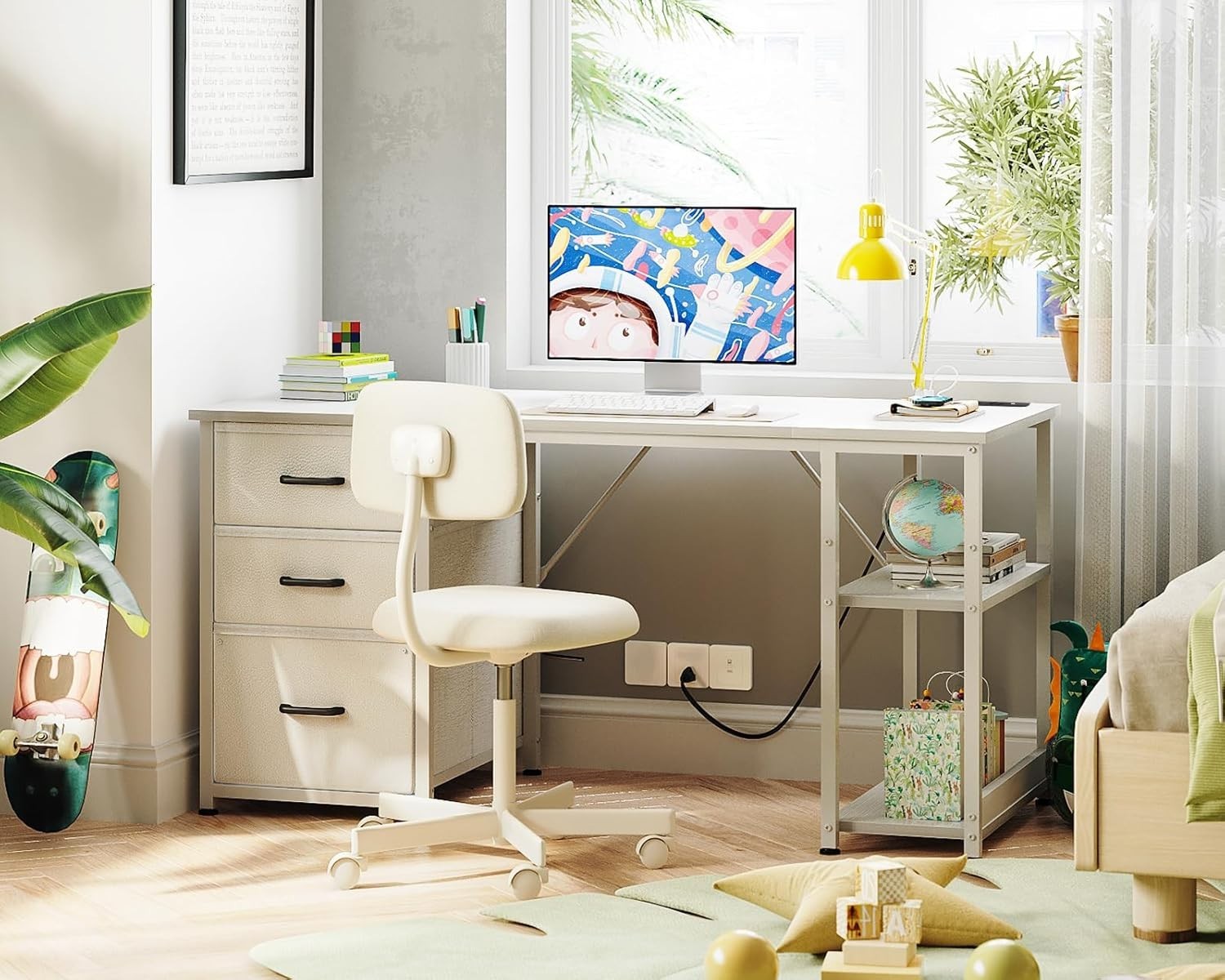 White 130cm Office Desk w/3 Drawers, Shelves & Power Outlets | Reversible Study