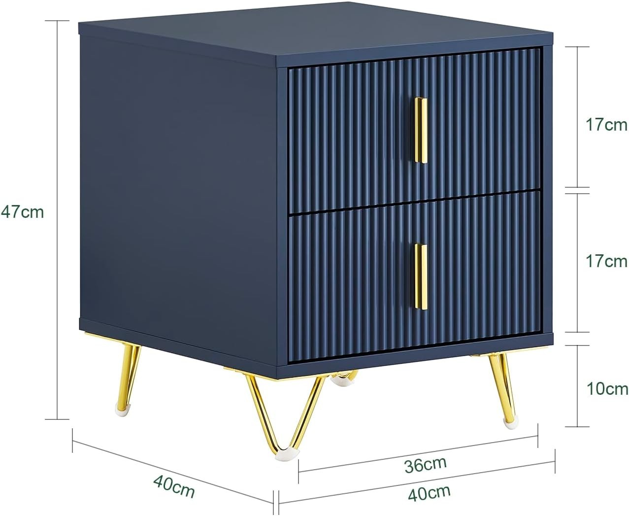 Blue Bedside Table with 2 Drawers & Gold Legs – Modern Nightstand