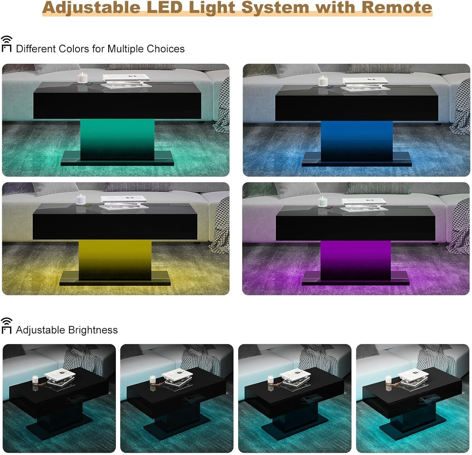 Modern Black LED Coffee Table, High Gloss Rectangular 110x55cm