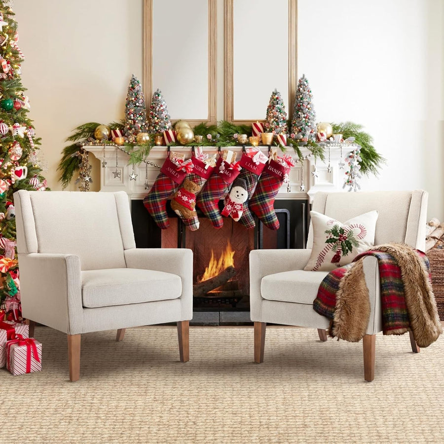 Beige Wingback Accent Armchairs Set of 2 Upholstered Wood Legs
