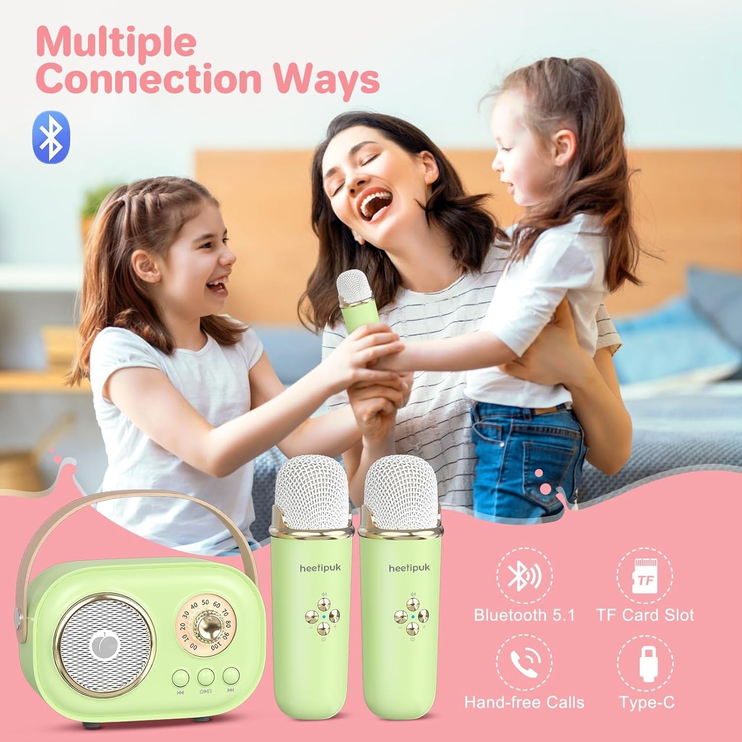 Mini Karaoke Machine Bluetooth Speaker 2 Wireless Mics LED