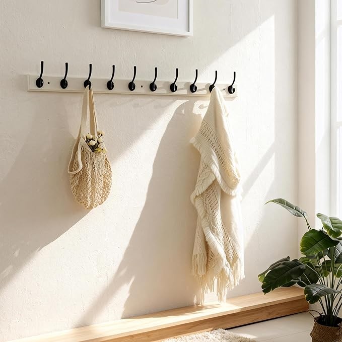 White Wall Mounted Coat Rack 97cm | 10 Heavy Duty Hooks Wooden Hanger Rail