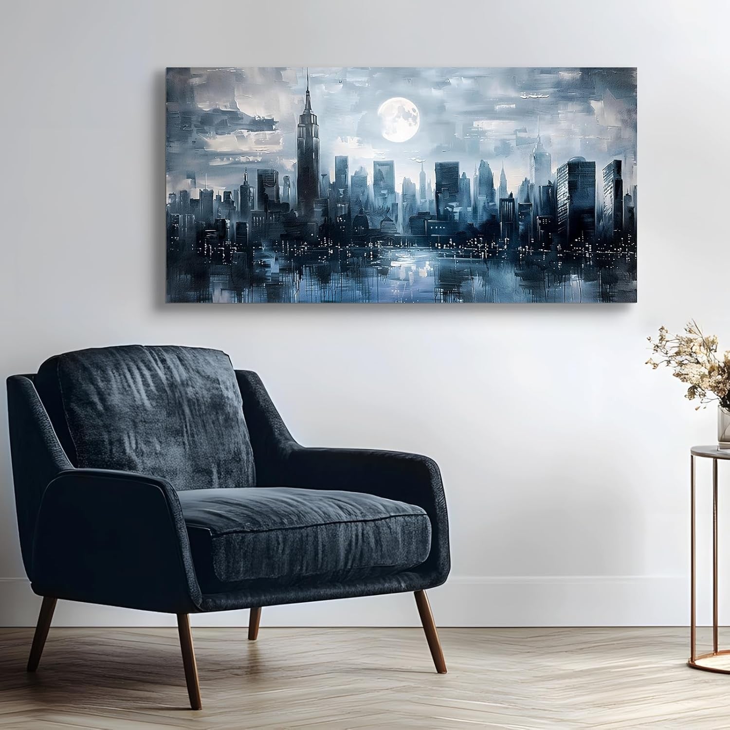 Large Blue City Night Canvas Wall Art – Modern Abstract Urban Decor 20x40"