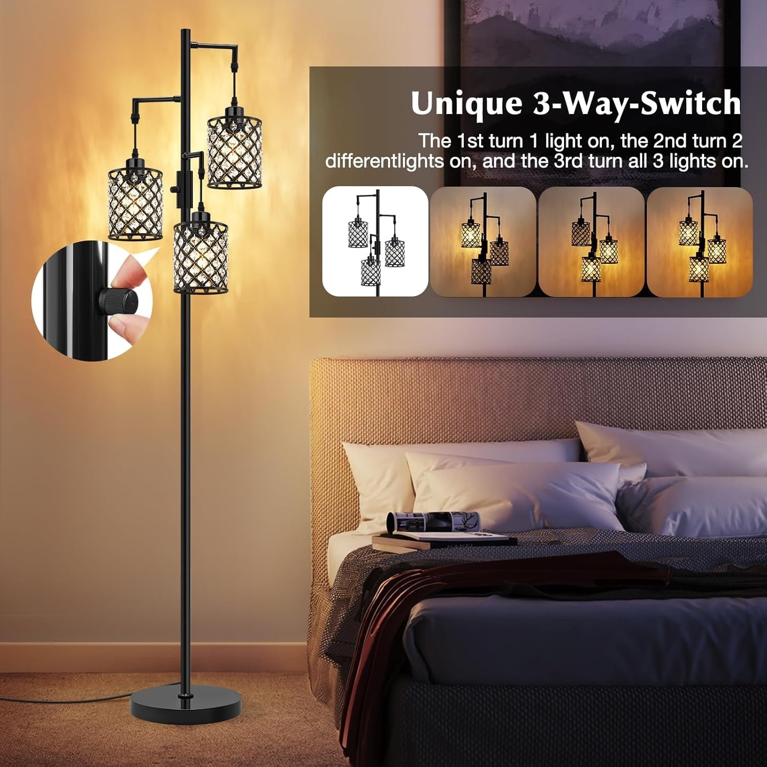 Black Crystal Floor Lamp 3 Light Standing Tall Modern Living Room Light