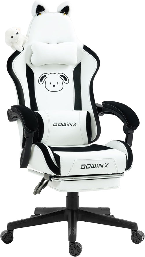 Cute Dog Ear Gaming Chair Massage Lumbar Footrest 290lbs White