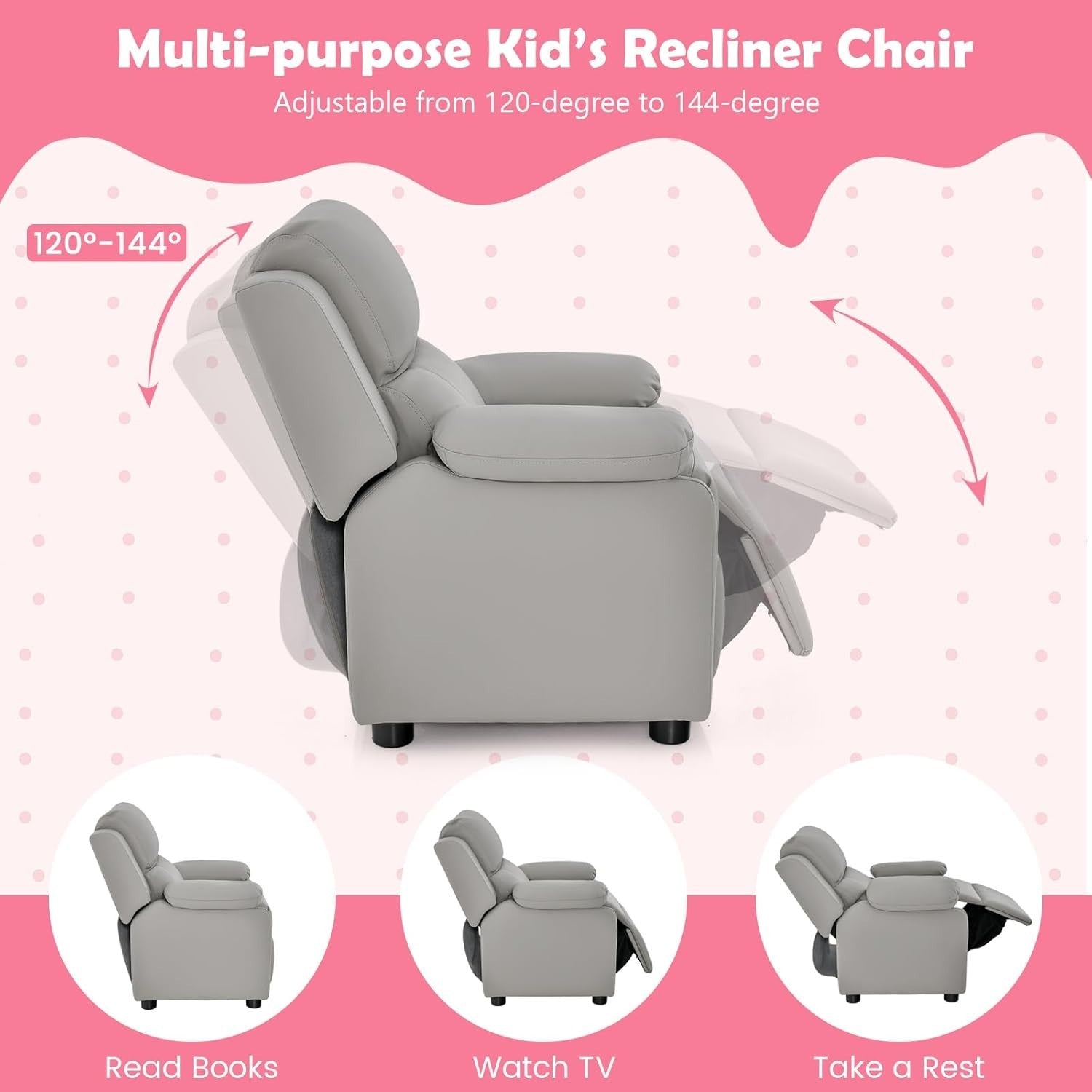 Kids Recliner Chair Adjustable Backrest & Footrest PU Leather Sofa 66x60x73cm
