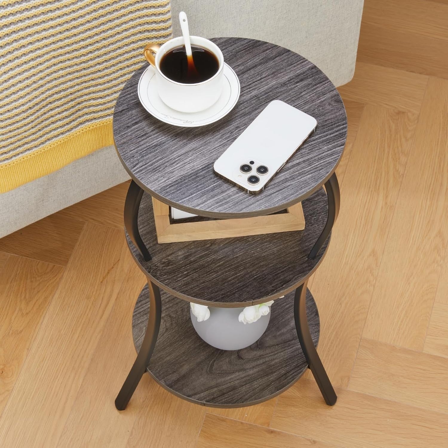 Grey 3-Tier Round Side Table 30x30x55 cm | Slim End Table w/ Storage