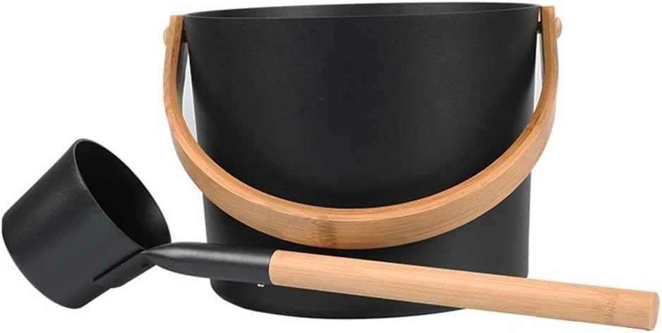 7L Aluminum Sauna Bucket & Ladle Set – Cedar Handles, Portable Black Sauna