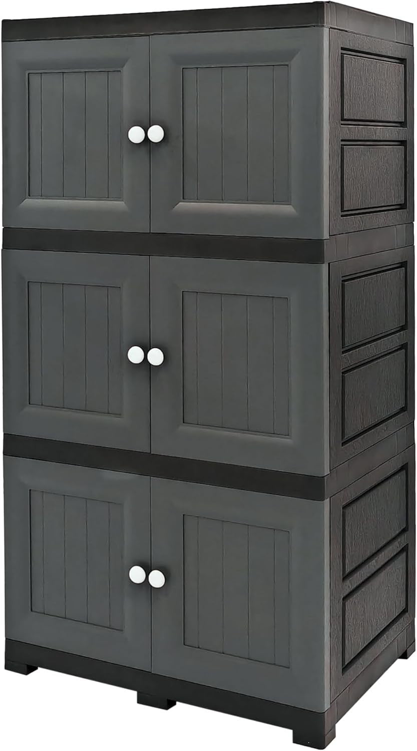 3 Tier Plastic Storage Cabinet Grey Cupboard Unit with Doors for Home
