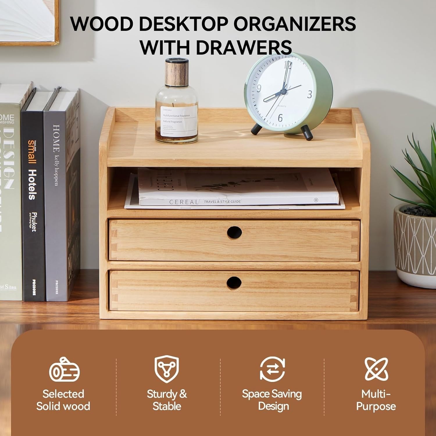Wood Desk Organizer with Drawers & Shelf – Home Office Storage Box
