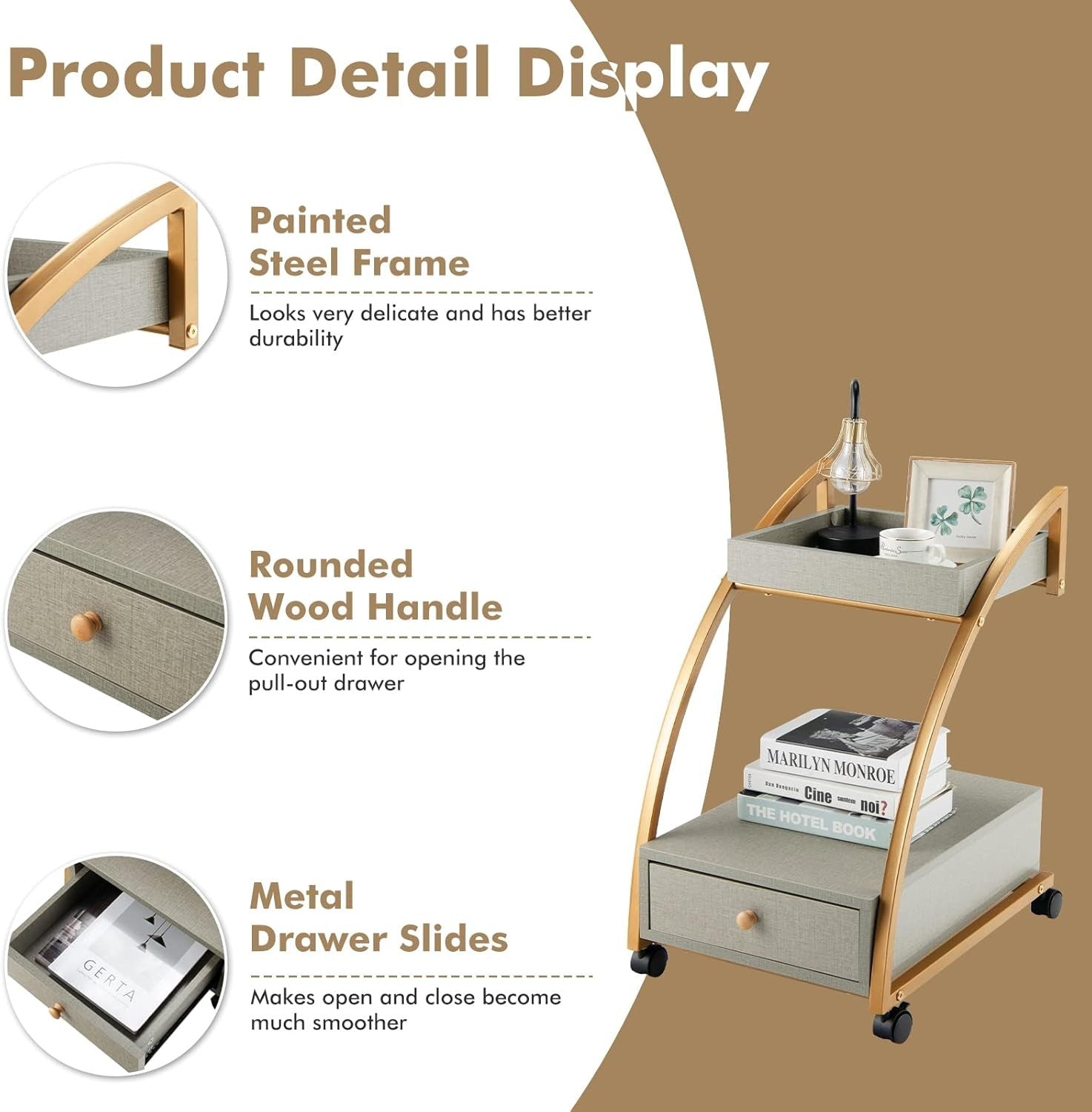 Rolling Sofa Side Table with Tray & Drawer | Mobile Bedside Cart on Wheels Gold