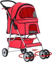 Pet Stroller Dog Cat Pushchair 4 Wheel Foldable Travel Carrier Mesh Red