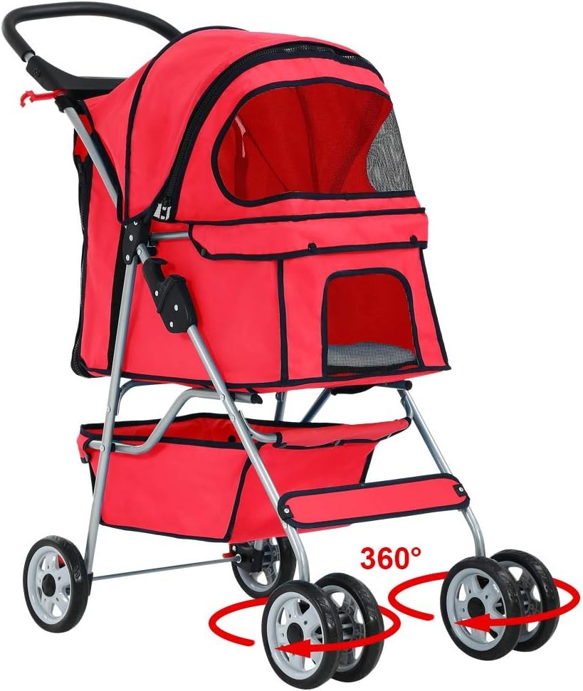 Pet Stroller Dog Cat Pushchair 4 Wheel Foldable Travel Carrier Mesh Red
