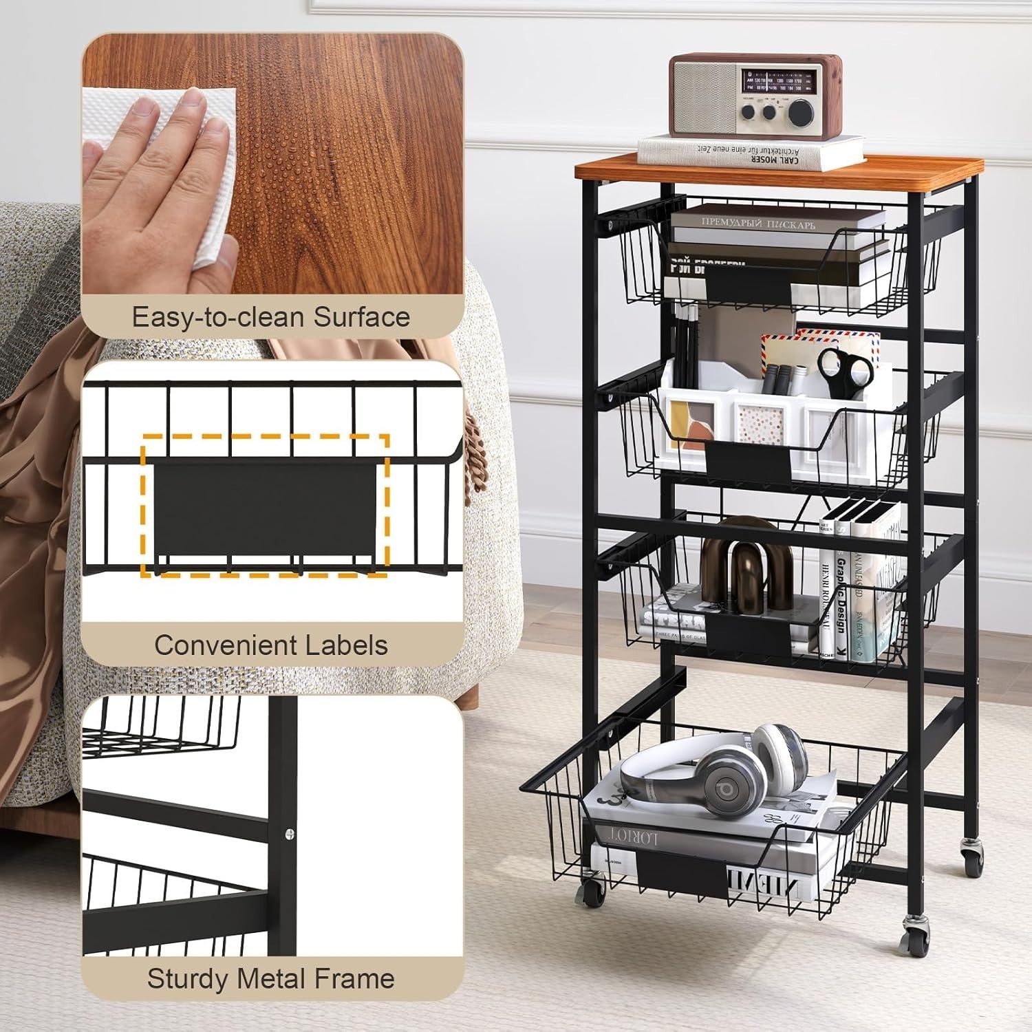 5 Tier Rolling Storage Cart Utility Trolley Pull Out Baskets Wheels