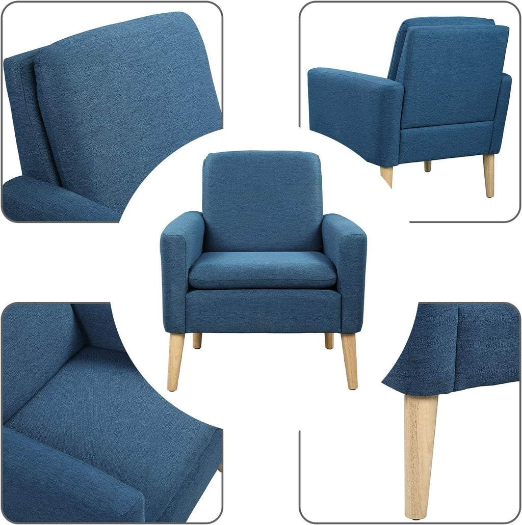 Blue Lounge Armchair Upholstered with Wood Legs for Living Room Bedroom