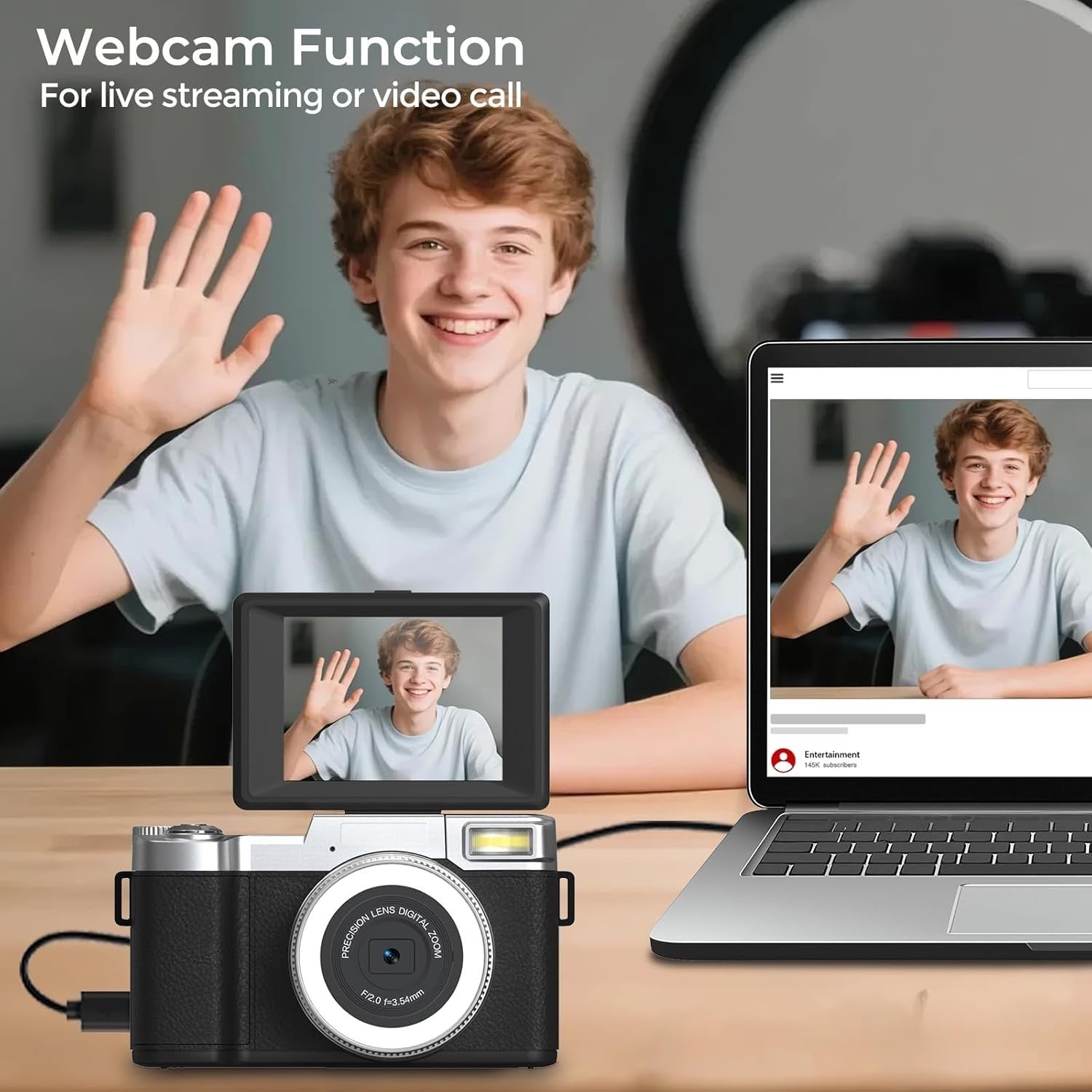 4K 64MP Vlogging Camera Flip Screen LED Selfie Light 2 Batteries