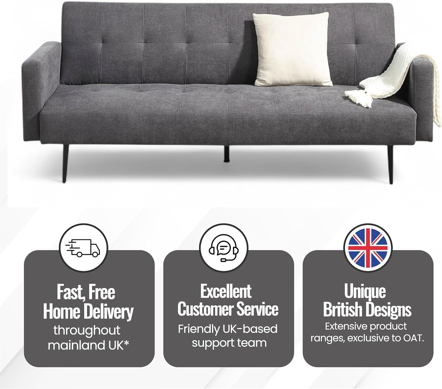 Modern 3 Seater Sofa Bed Click Clack Grey Upholstered Sleeper Couch