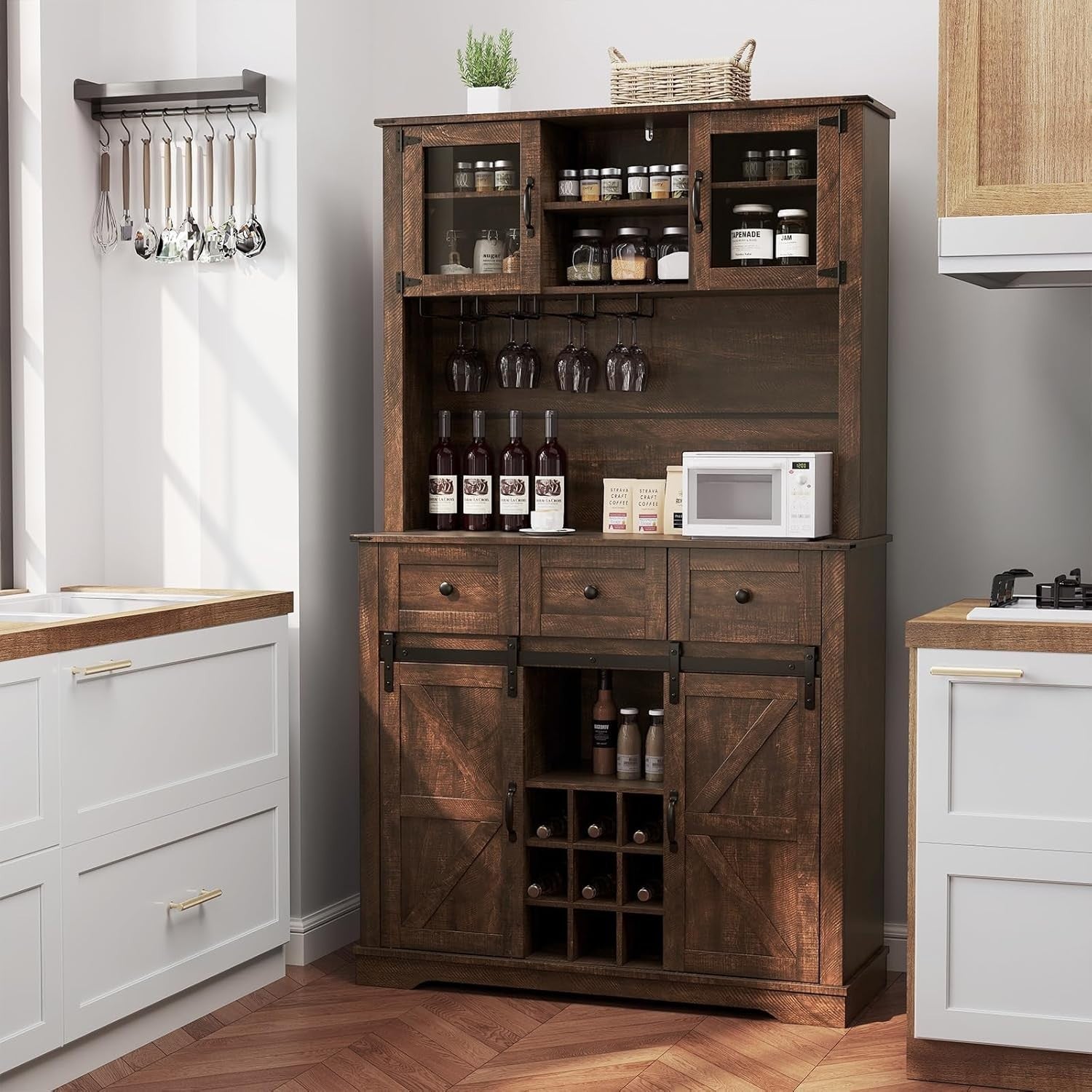 184cm Tall Kitchen Cupboard Brown | 4-Door Wine Rack Sideboard