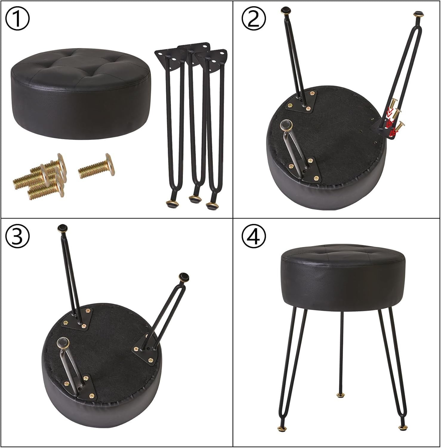 Black PU Round Footrest Stool – Velvet-Soft Vanity Seat with Gold Legs