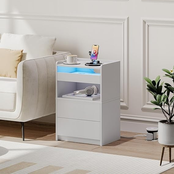 Modern LED Bedside Table with Charging Station, 3 Drawers, USB Power, White