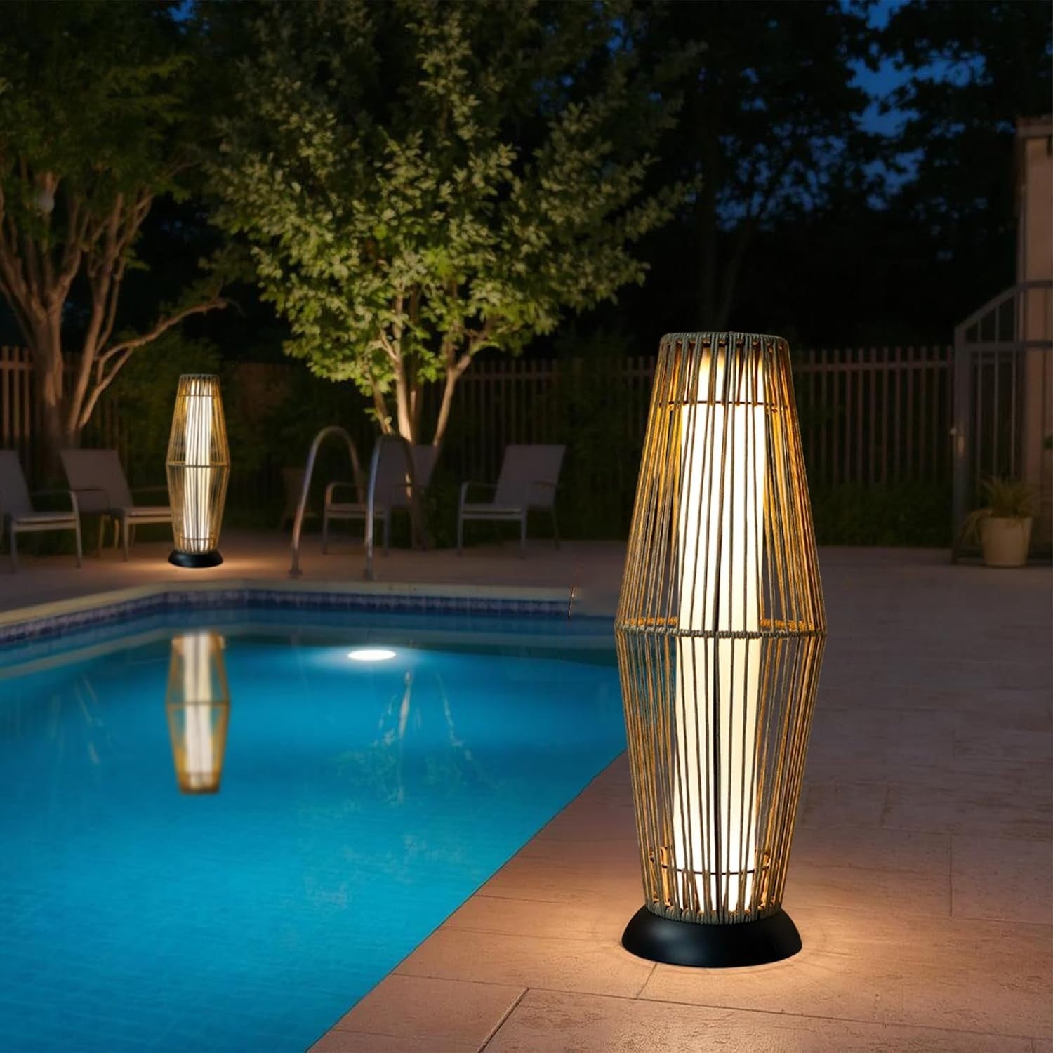 2 Pack Solar Wicker Floor Lamps Outdoor Grey Rattan Lanterns 73 cm